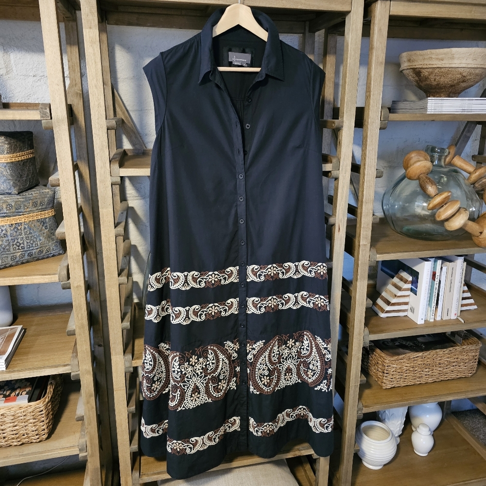Anthropologie Cap Sleeve Button Down Embroidered Midi Dress Sz M Black